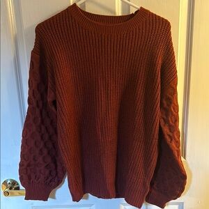 Burgundy Brick Round Neck Long Puff Sleeve Sweater